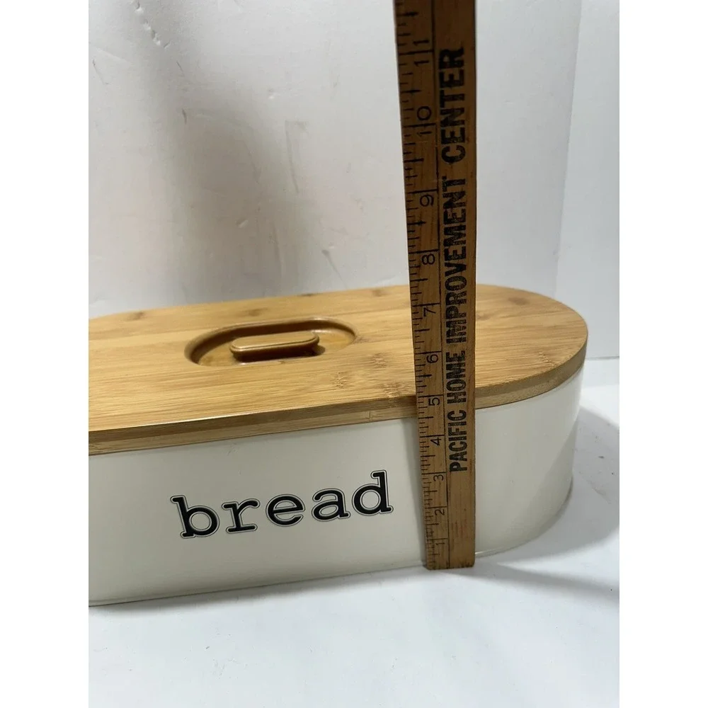 SveBake Bread Box Metal With Bamboo Top Cutting Board Lid Beautiful 